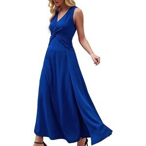 Women Royal BlueSleeveless V Neck Formal A-line Midi Cocktail Dress With Flutter
